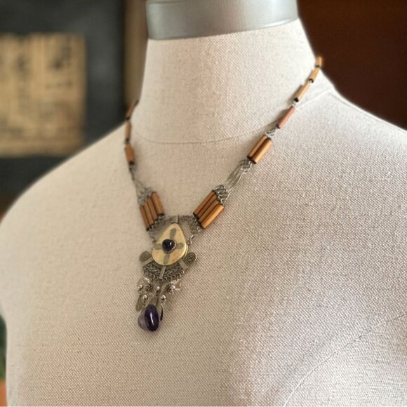 Peruvian Bamboo Necklace With Amethyst Dangle Pendant & Handcrafted - Picture 2 of 10